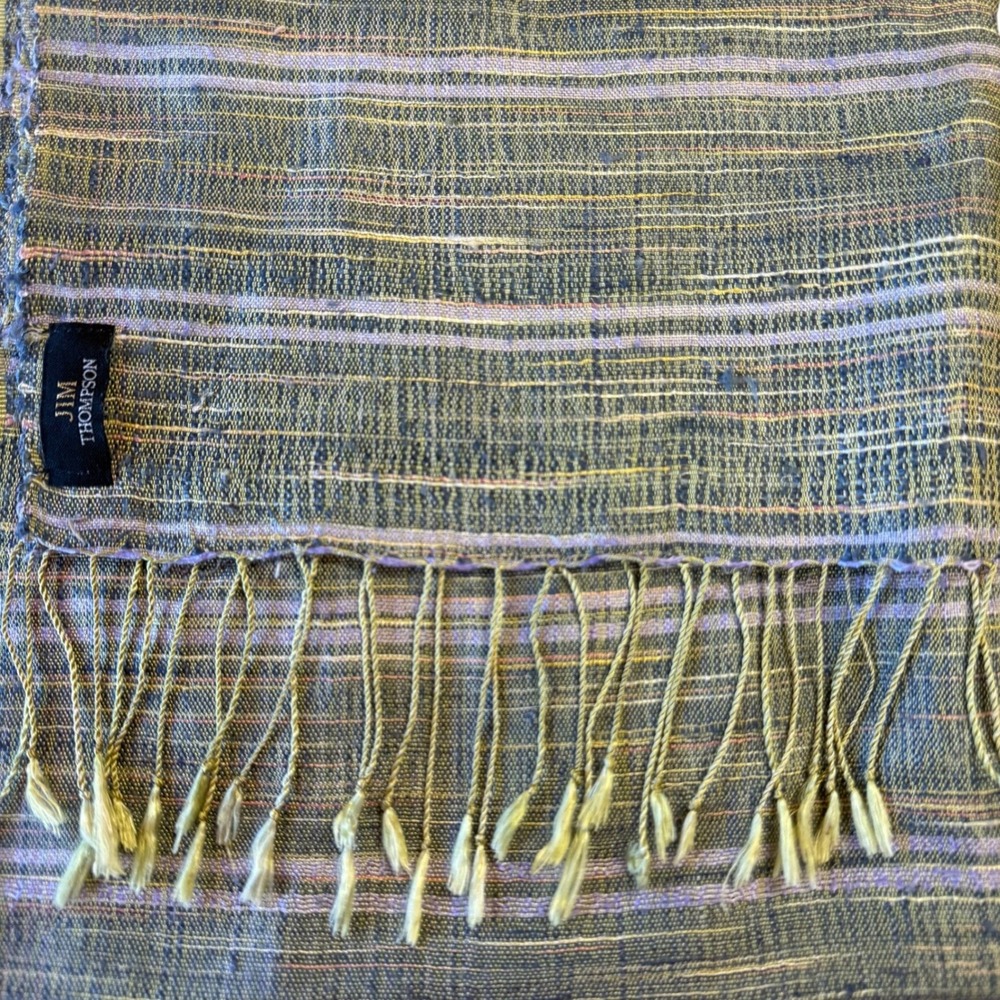 Jim Thompson Thai Silk Scarf 70x19.5 Woven Stripe Fringe Olive Blue Gold Yellow